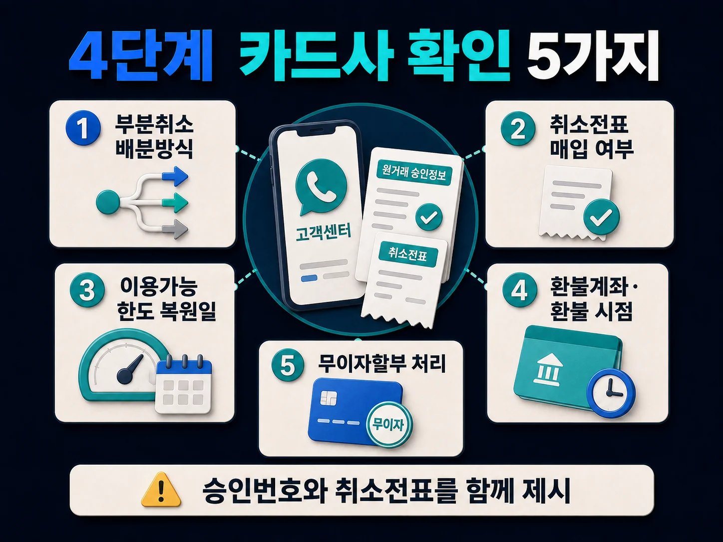 카드사에 부분취소 처리와 환불 시점을 확인하는 다섯 가지 항목.