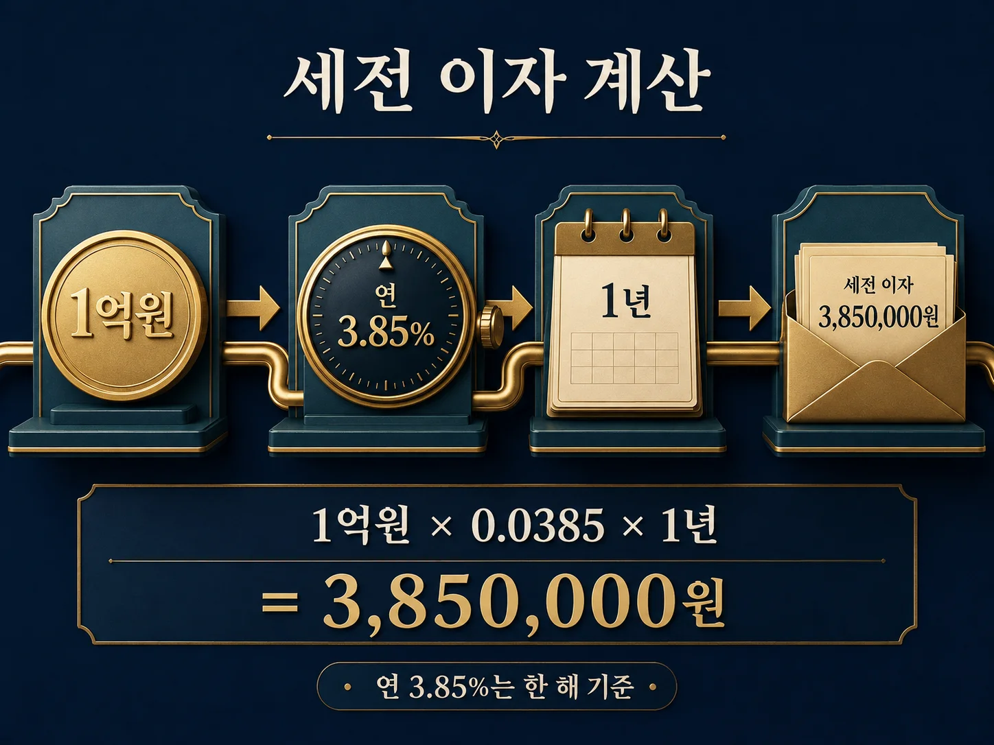 1억원 정기예금 연 3.85% 세전 이자 계산식