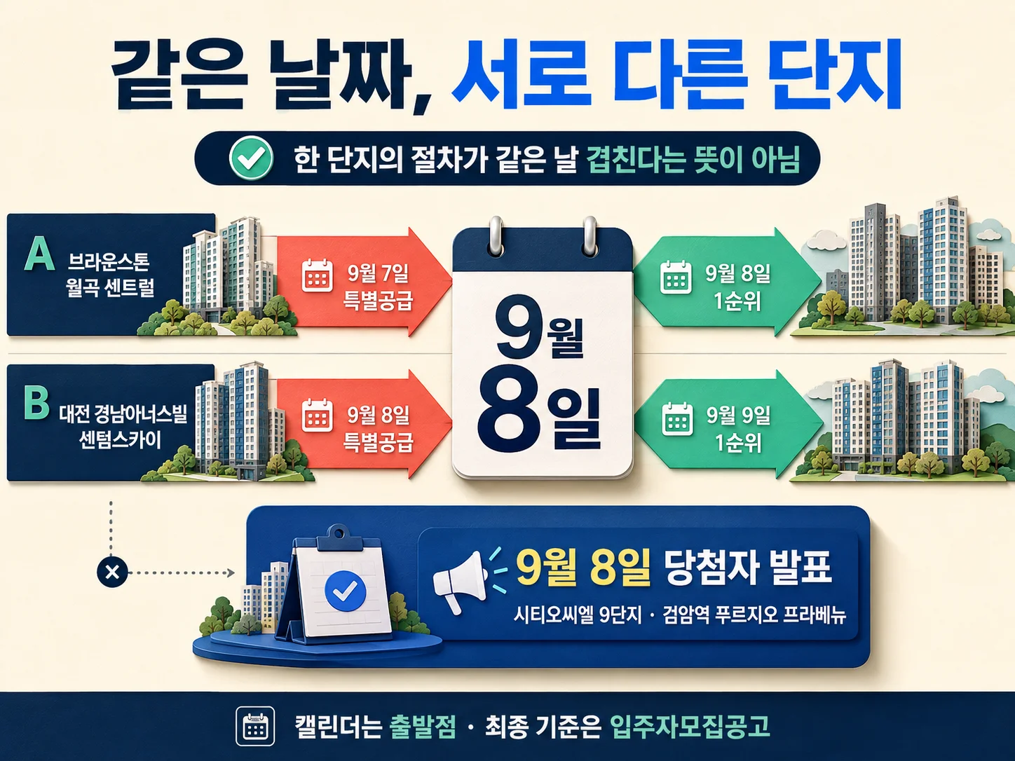 같은 날짜라도 단지별로 다른 특별공급과 1순위 청약 절차