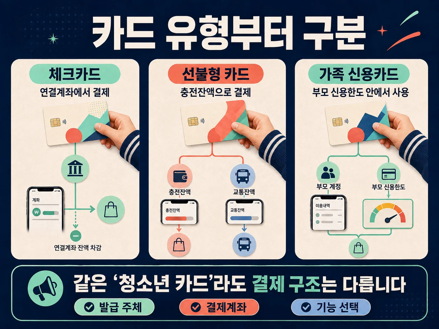 - 청소년 체크카드 유형과 연결 계좌 확인 항목