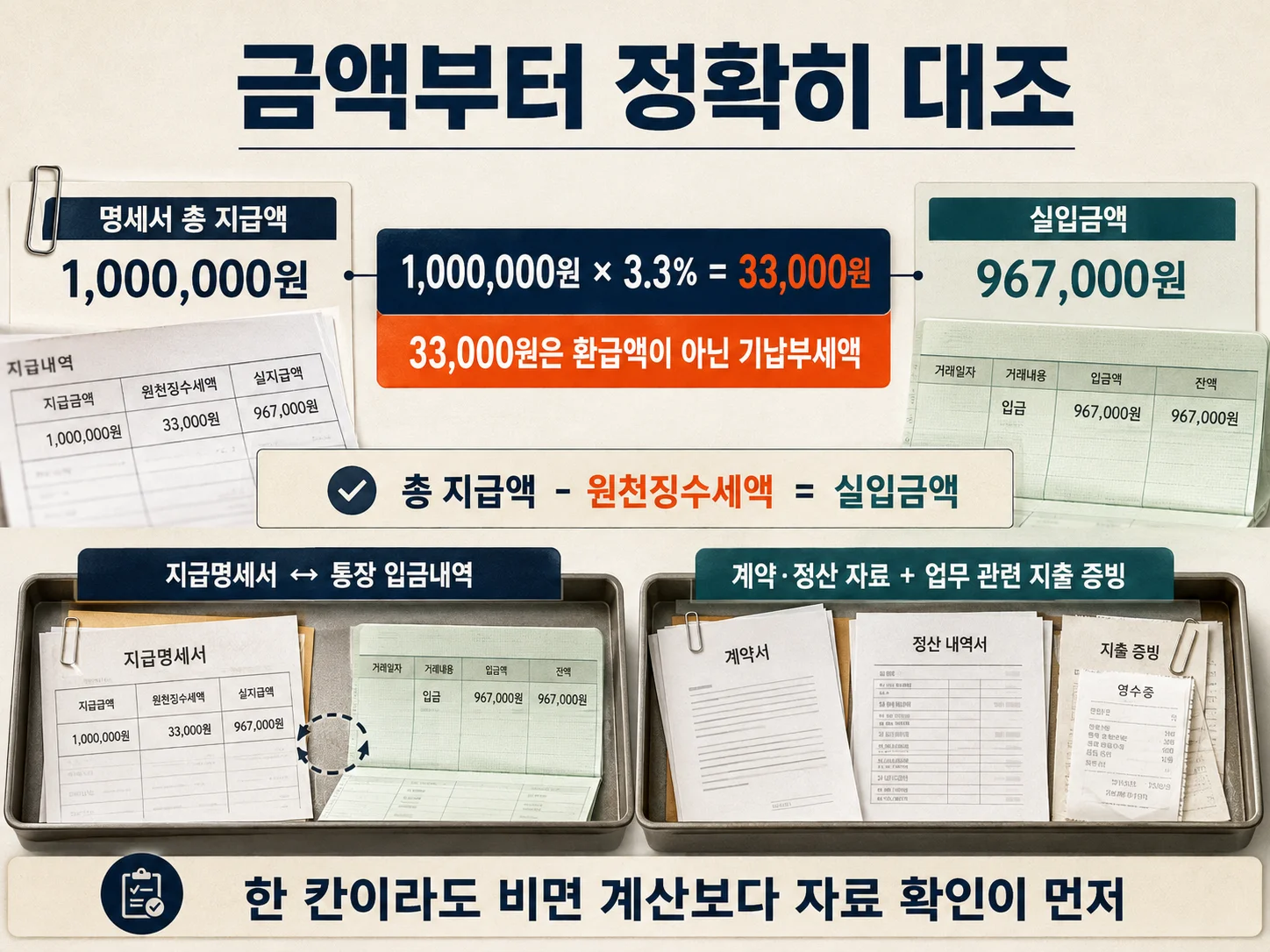 지급명세서와 통장 입금내역으로 총 지급액 및 원천징수세액을 대조하는 표