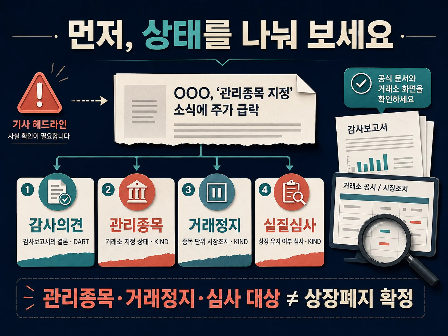 감사의견·관리종목·거래정지·실질심사 상태 구분