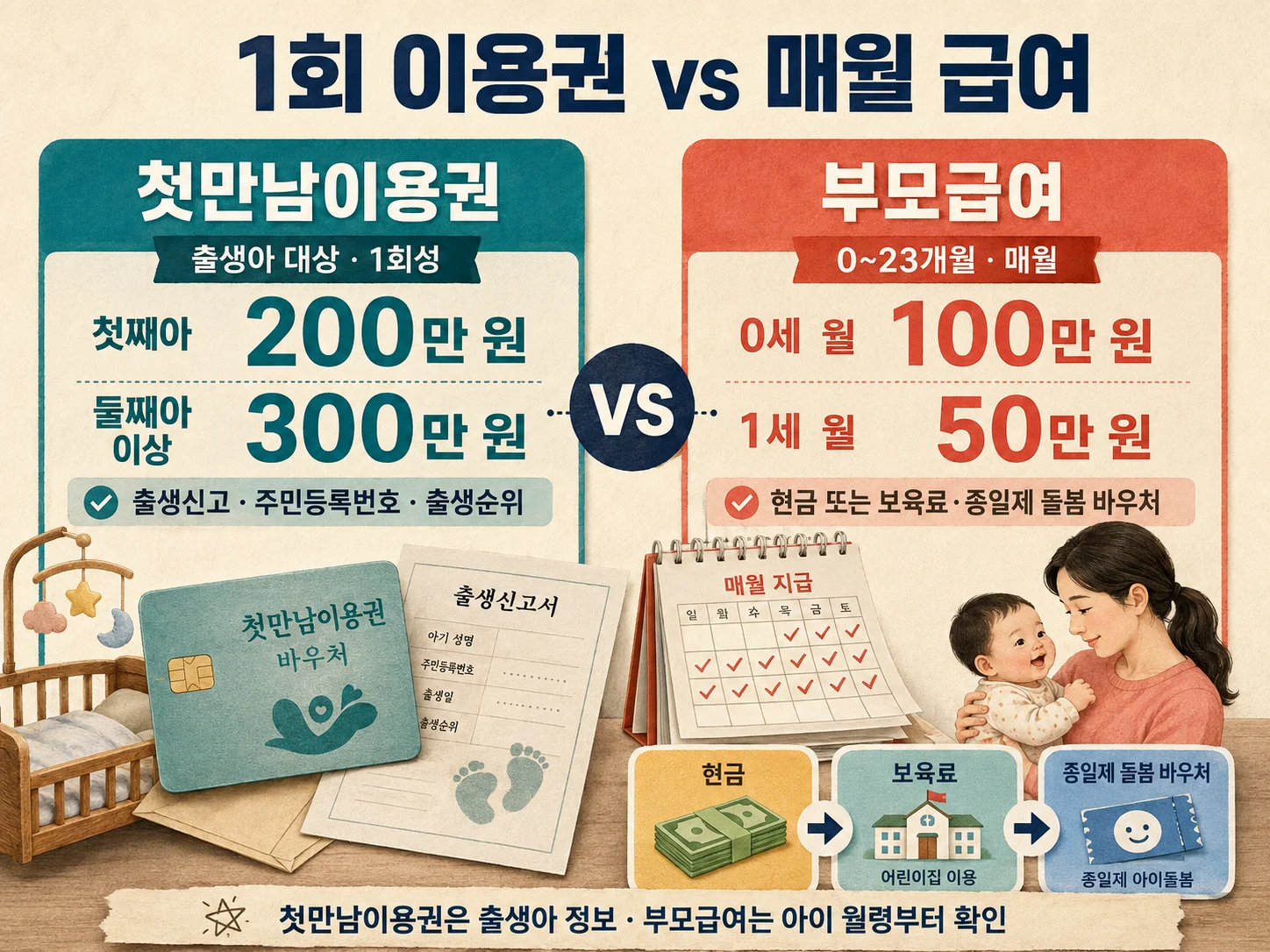 첫만남이용권과 부모급여의 지급 기준을 비교한 이미지.