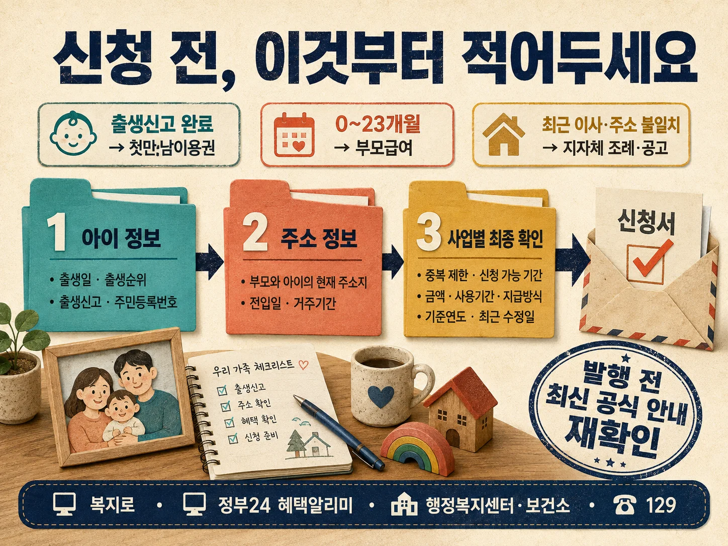 출산지원금 신청 전 출생일·주소지·중복 조건 체크리스트 이미지.