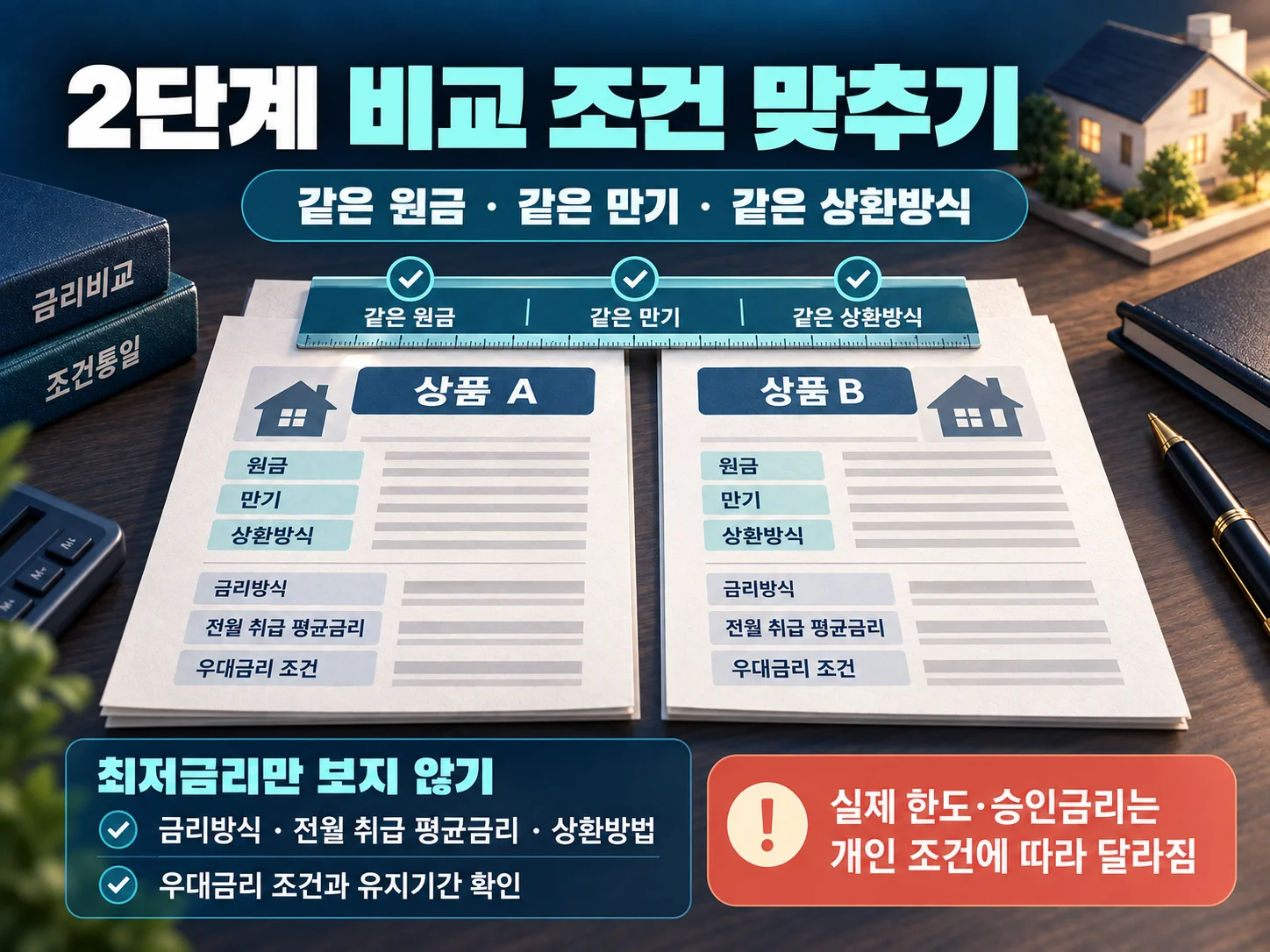 주택담보대출의 고정기간 이후 금리와 유지·상승·하락 시나리오별 총이자를 비교하는 이미지.
