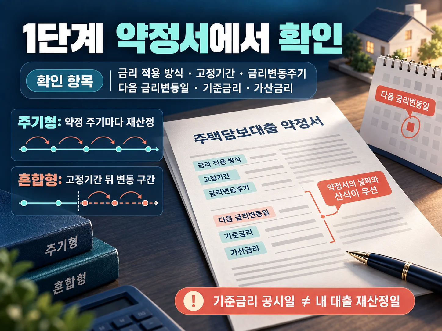 주기형·혼합형 주담대의 금리 적용 방식과 다음 재산정일을 약정서에서 확인하는 이미지.