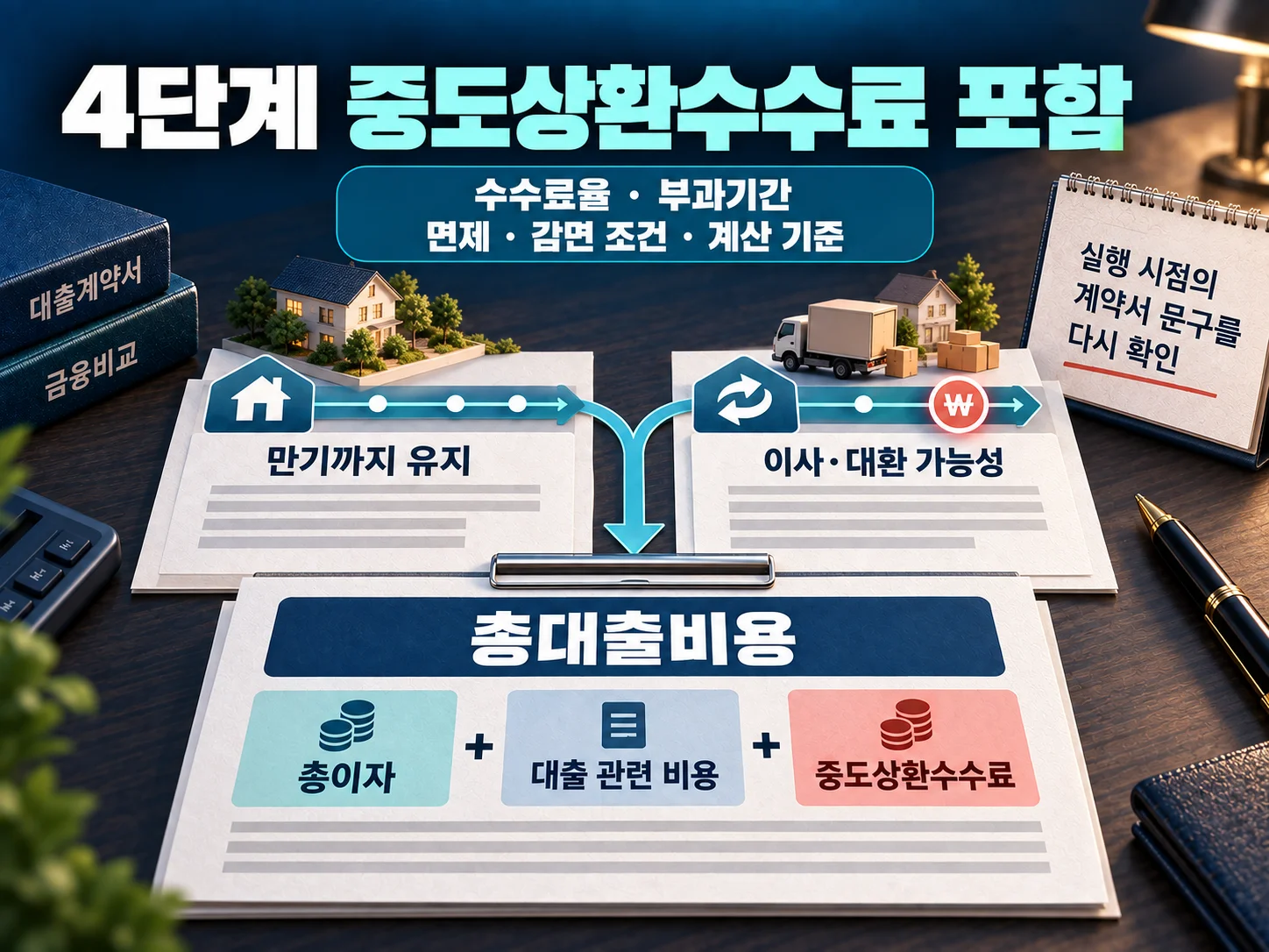 주택담보대출 중도상환수수료와 총대출비용을 함께 계산하는 이미지.