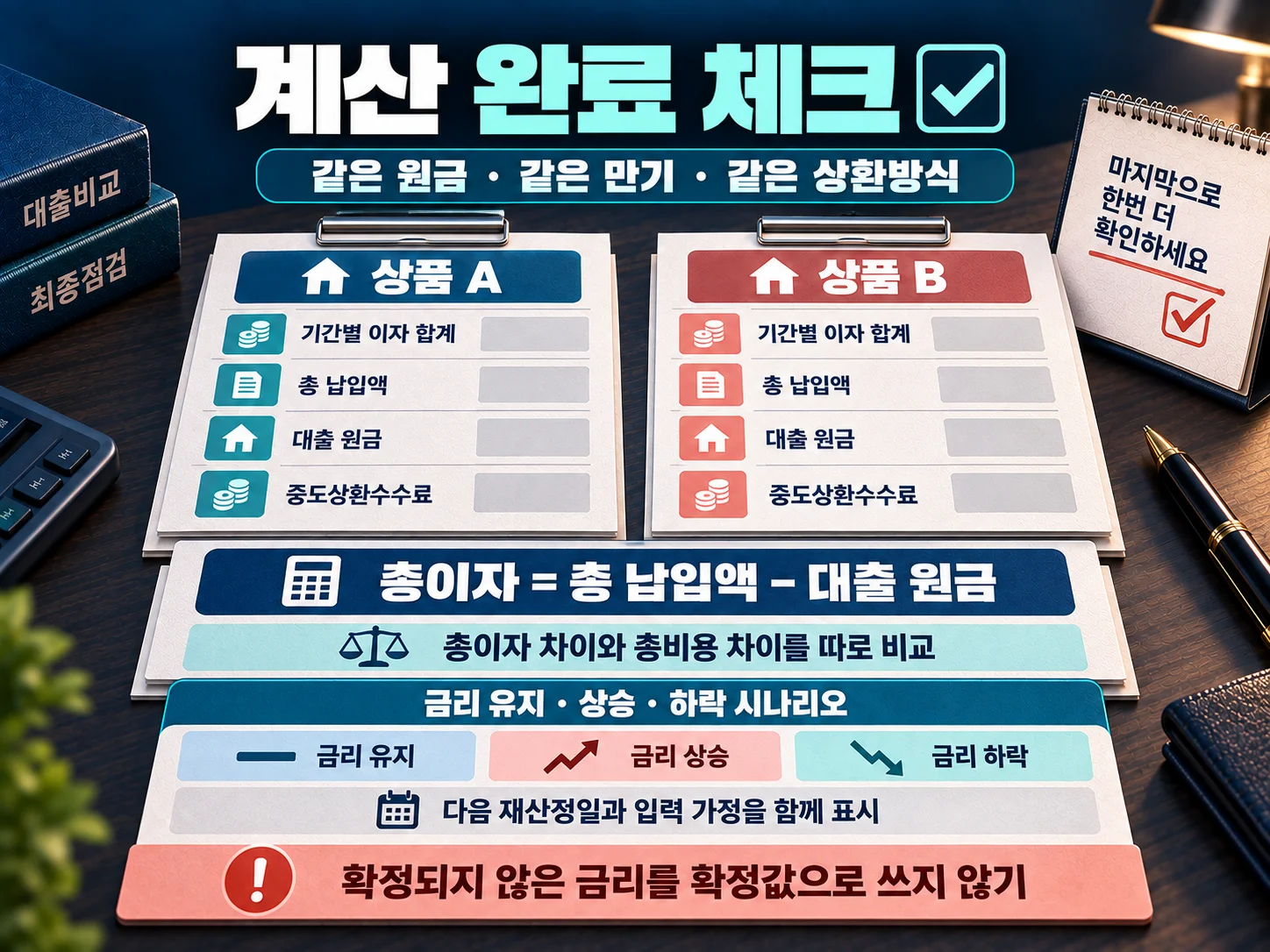 같은 원금·만기·상환방식으로 주담대 총이자와 총비용을 검증하는 비교표 이미지.