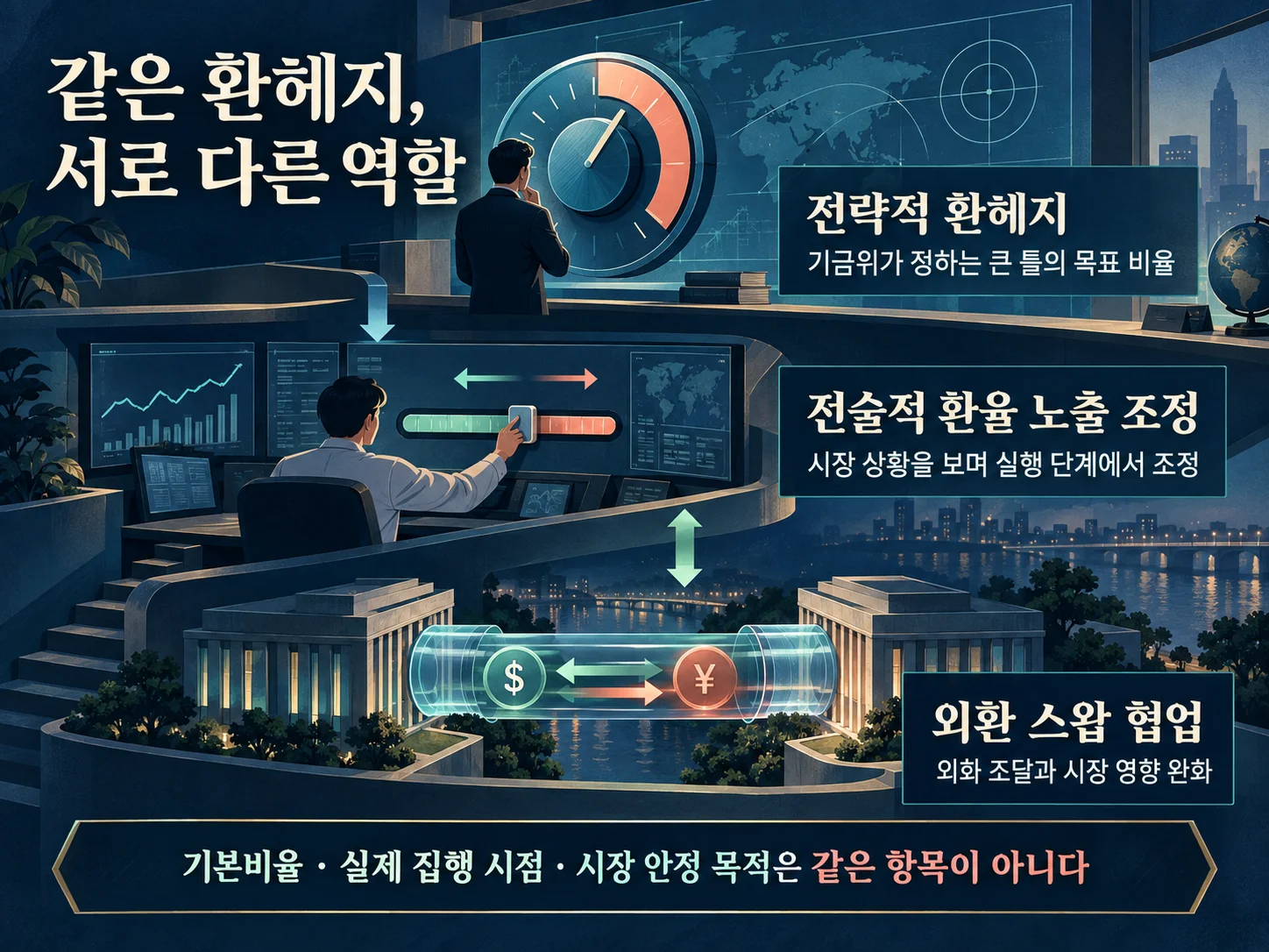 전략적 환헤지와 전술적 환율 노출 조정 및 외환시장 협업을 구분하는 이미지