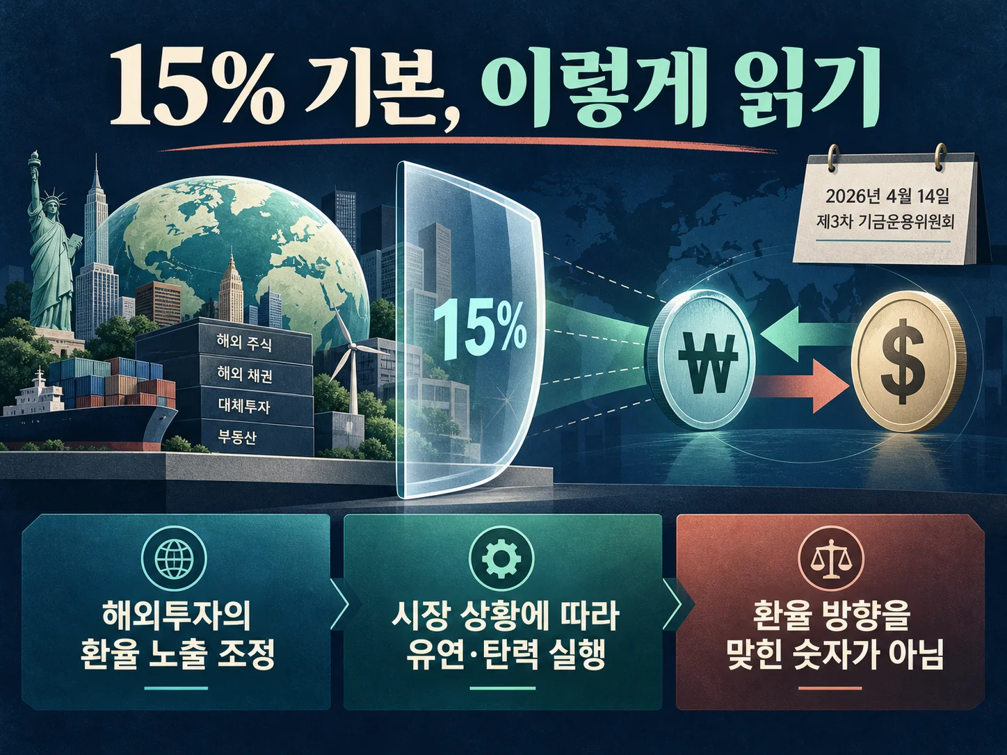 국민연금 환헤지 15% 기본 비율과 환율 노출 조정 정책을 설명하는 이미지