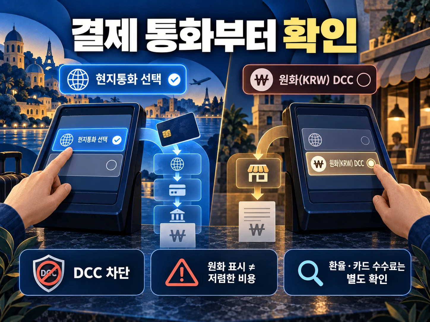 해외 결제에서 현지통화와 원화 결제 방식을 비교하는 장면