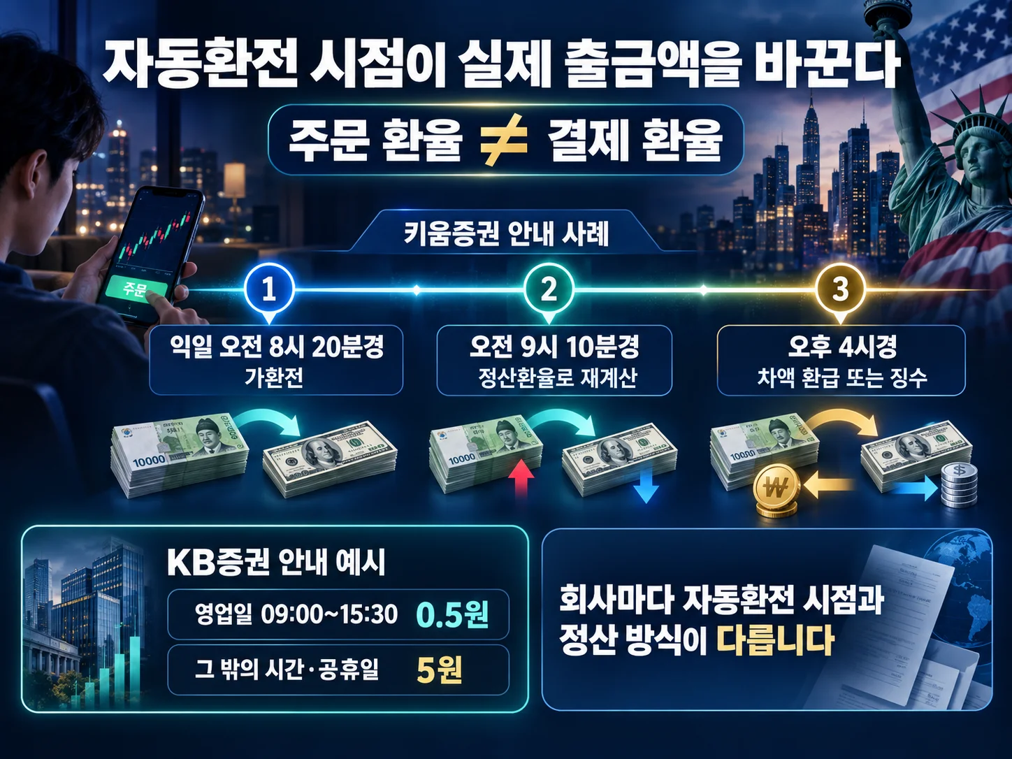 해외주식 원화주문의 자동환전 시점과 정산환율 비교