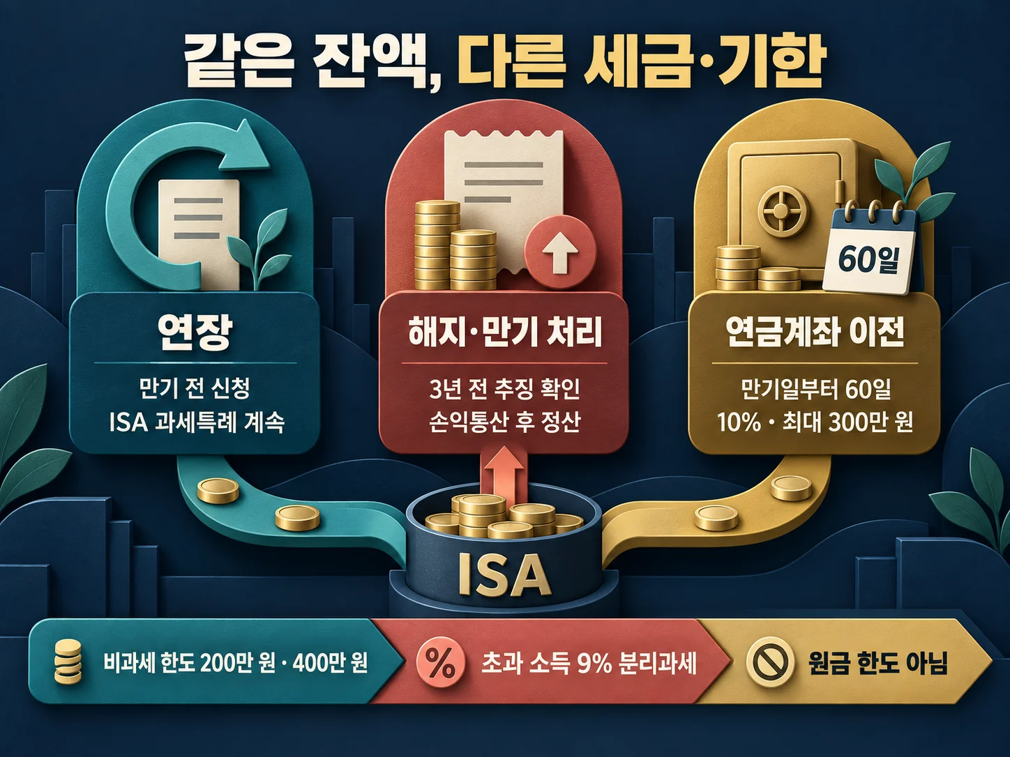 ISA 연장·해지·연금계좌 이전의 세금과 기한을 비교한 내용.