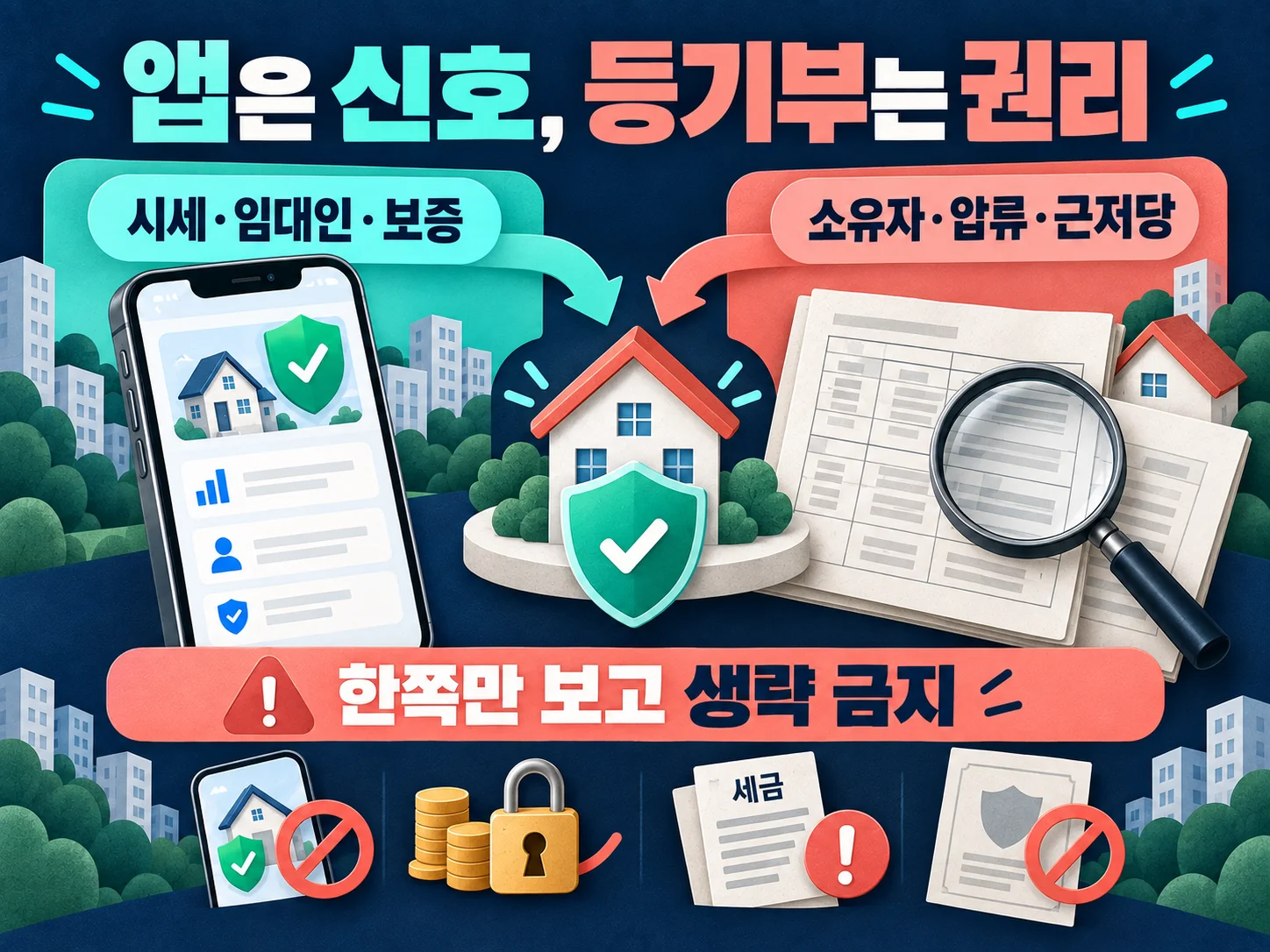 안심전세앱과 등기부의 전세 위험 확인 대상 비교