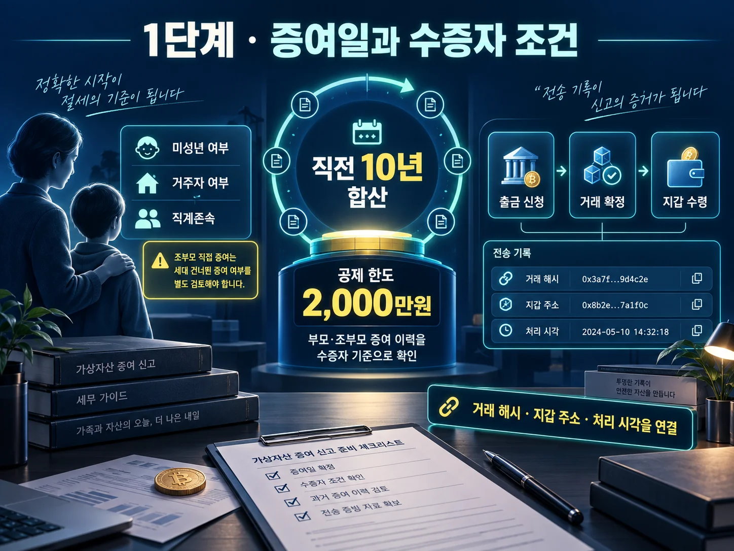 미성년자 가상자산 증여의 증여일·수증자·10년 공제를 확인하는 장면