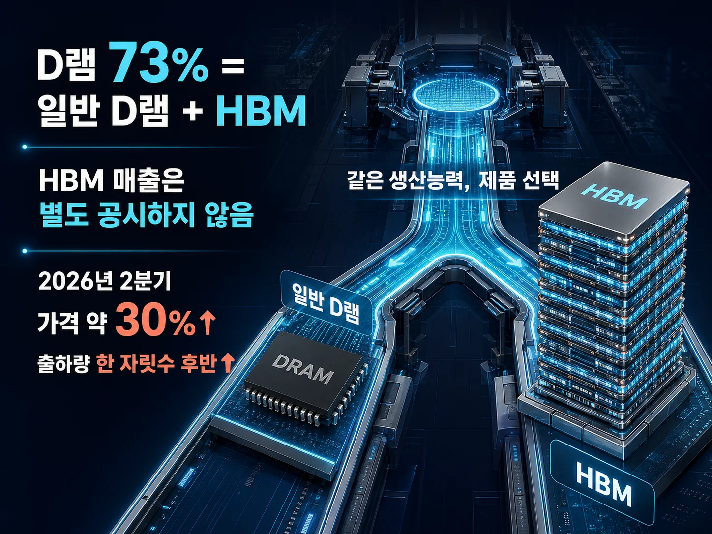 HBM 생산 확대가 D램 매출 비중에 미치는 영향을 보여주는 도식