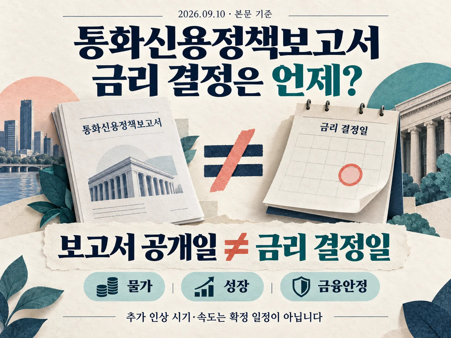 한국은행 통화신용정책보고서와 기준금리 흐름을 정리한 금융 정보 이미지