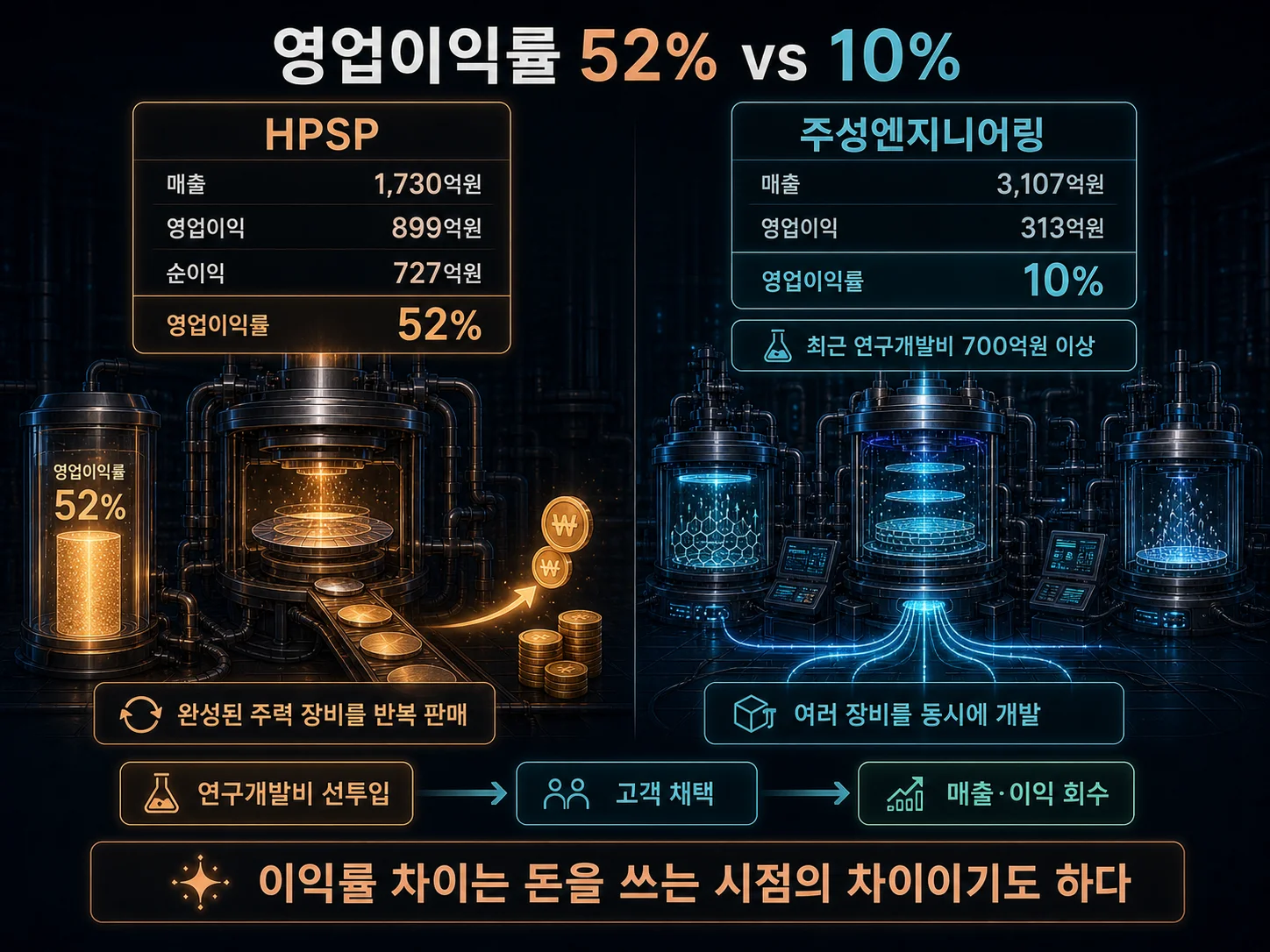 HPSP 영업이익률과 주성엔지니어링 연구개발비 지출 비교
