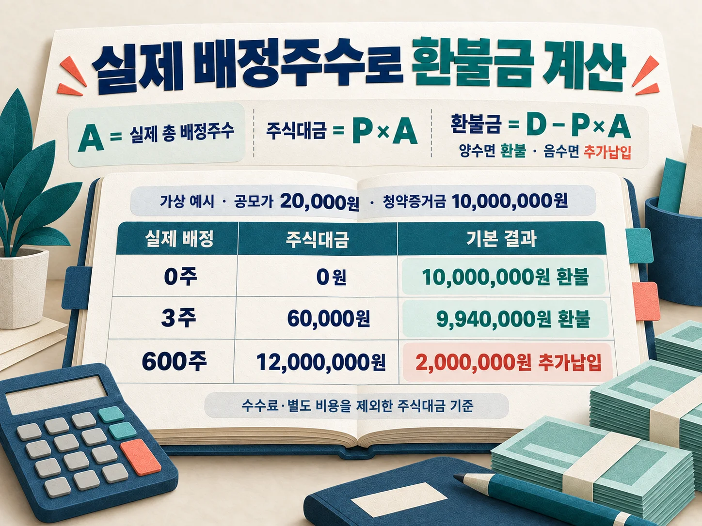 실제 배정주수에 따른 공모주 환불금과 추가납입액 계산