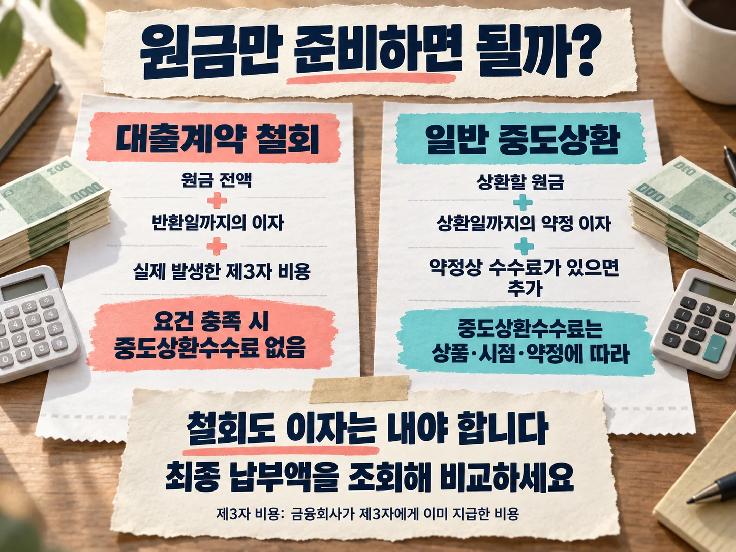 대출계약 철회와 중도상환의 원금·이자·부대비용 비교