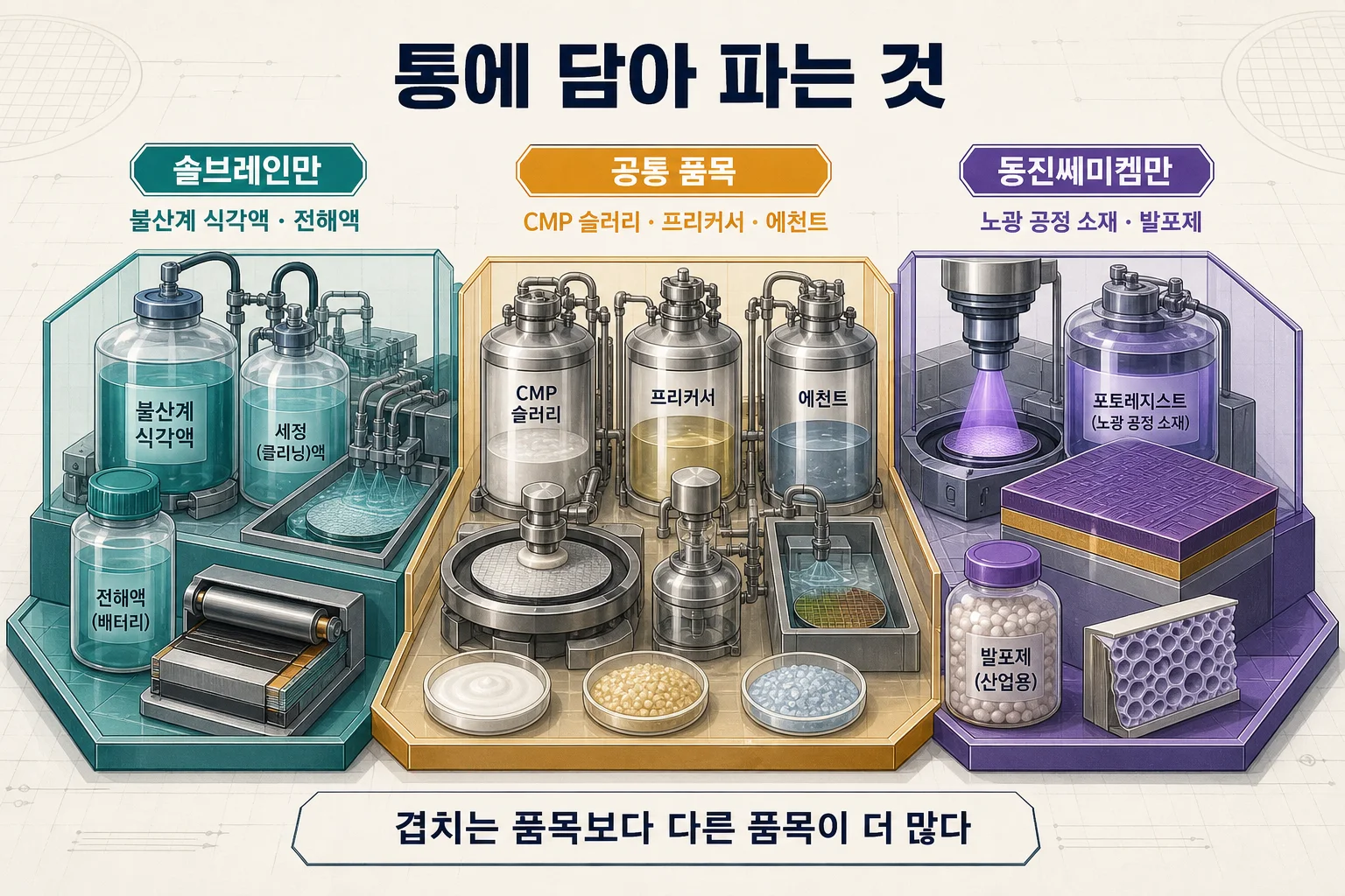 솔브레인 식각액과 동진쎄미켐 포토레지스트 제품 라인업 비교