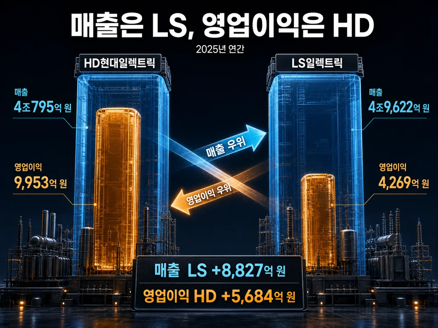 HD현대일렉트릭과 LS일렉트릭의 매출과 영업이익 격차 비교 그래프