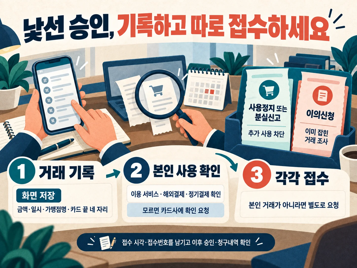 미승인 거래 발견 시 승인내역 기록과 이의신청 절차