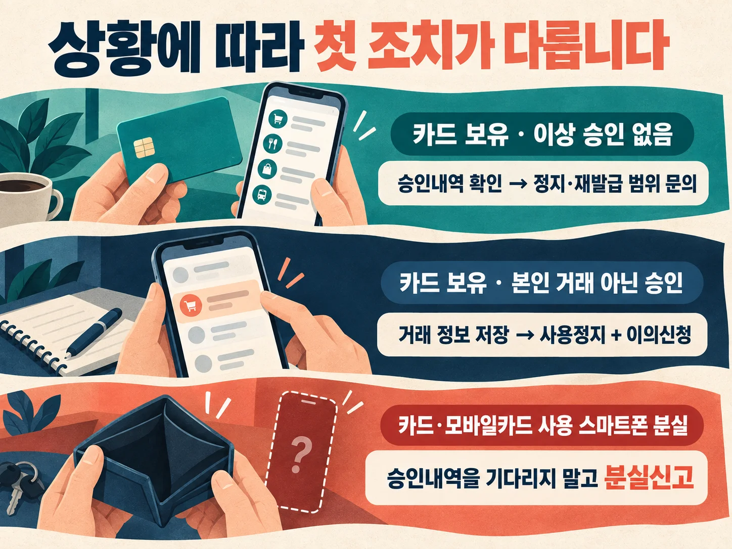 카드 정보 노출 의심과 실물 카드 분실의 대응 차이