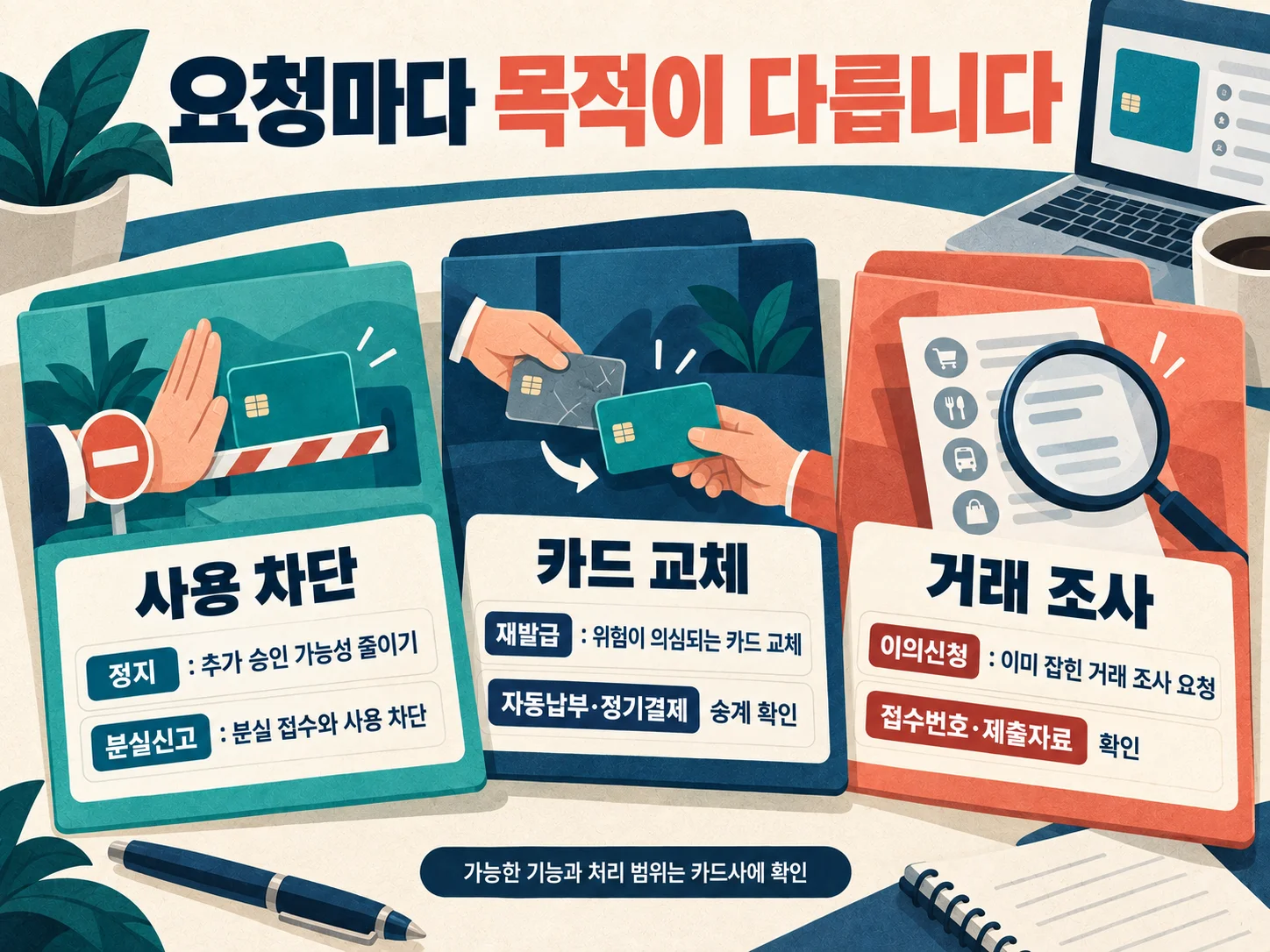 카드 사용정지·재발급·이의신청 요청별 목적 비교