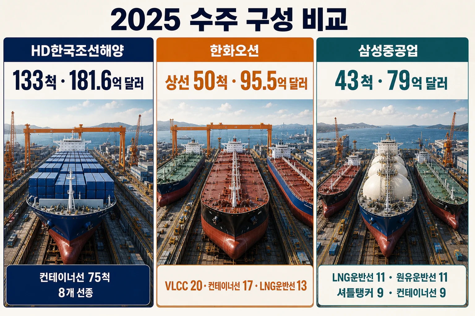 2025년 3사 조선주 선종별 수주 척수 비교표