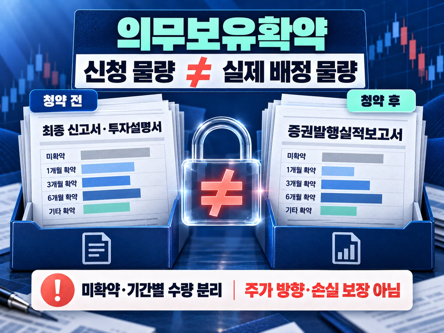 - 의무보유확약의 신청 물량과 실제 배정 물량 비교