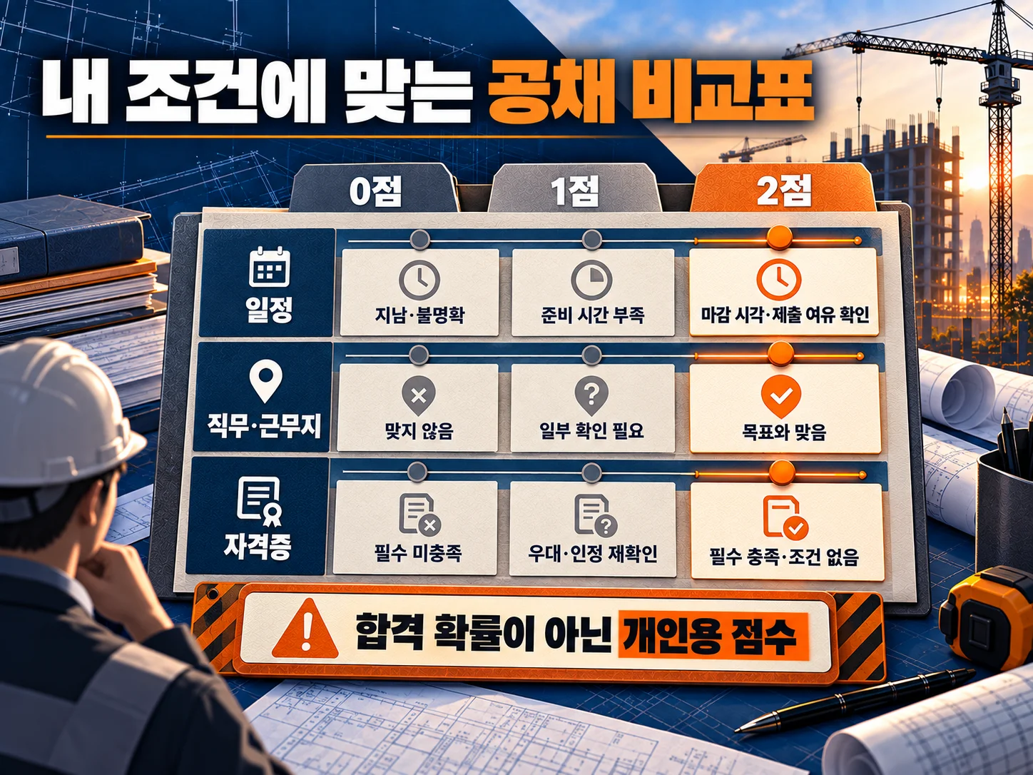 건설사 공채 지원 우선순위를 정하는 일정·직무·자격증 비교표