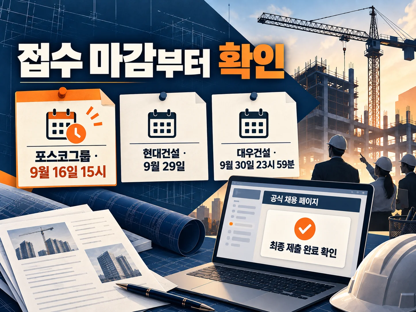 건설사 공채 접수 마감일과 마감 시각을 비교하는 일정 확인