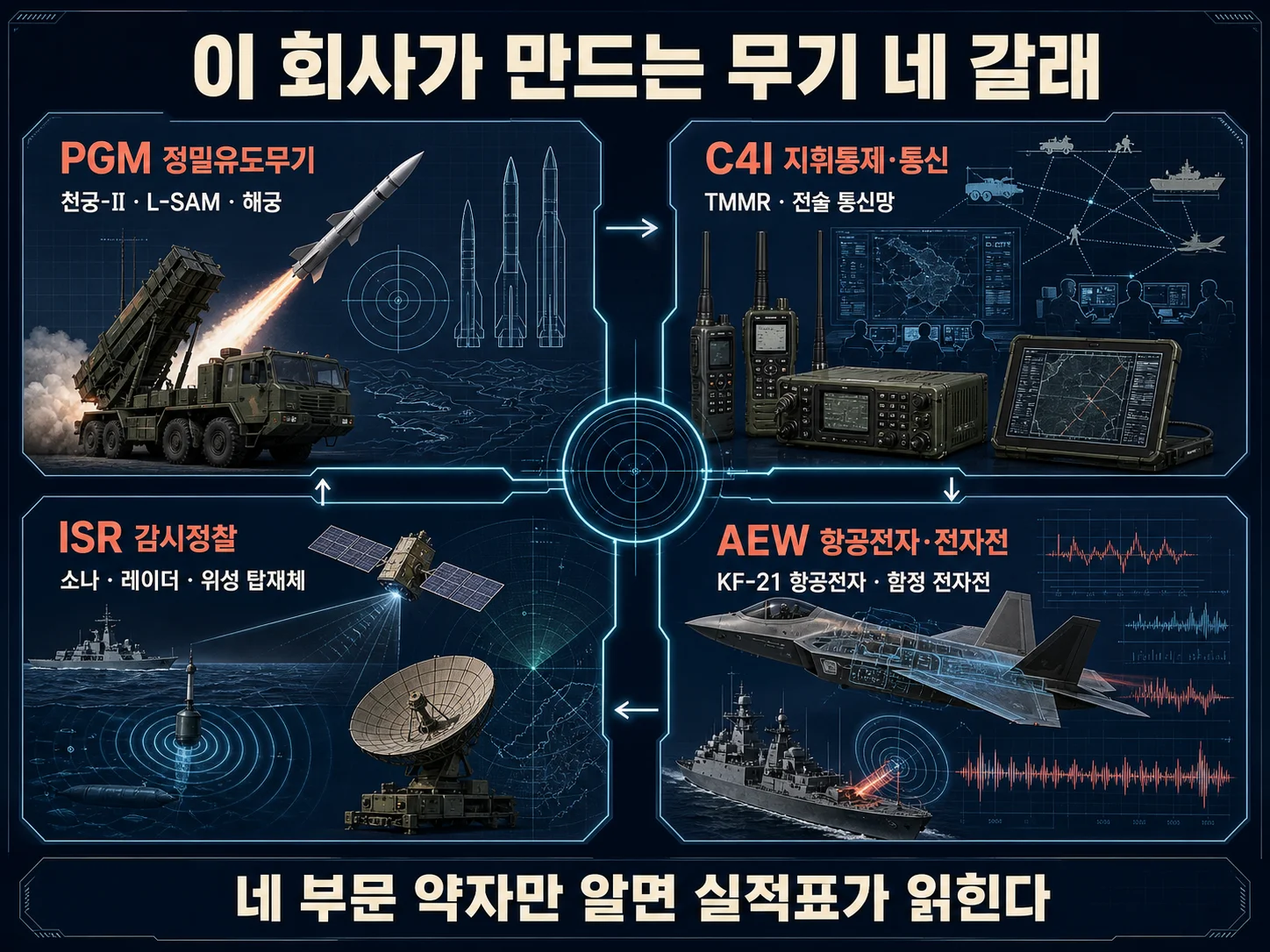LIG넥스원 매출을 구성하는 PGM·C4I·ISR·AEW 사업 부문 네 갈래 구분