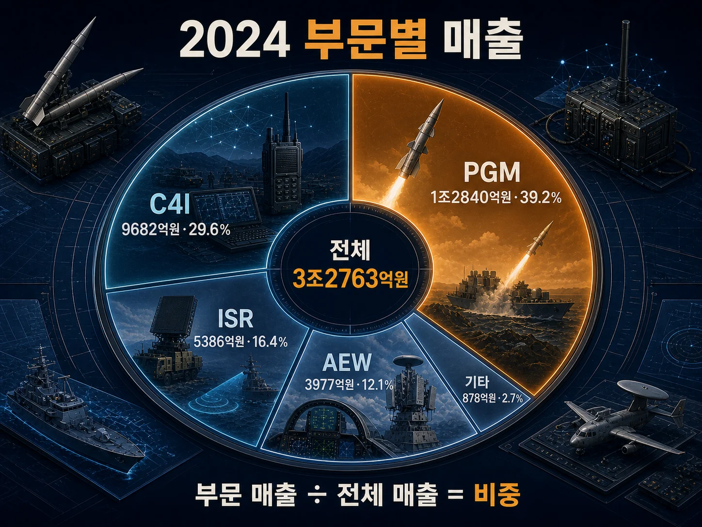 2024년 기준 LIG넥스원 부문별 매출 비중 39.2% 정밀유도무기 비중 변화