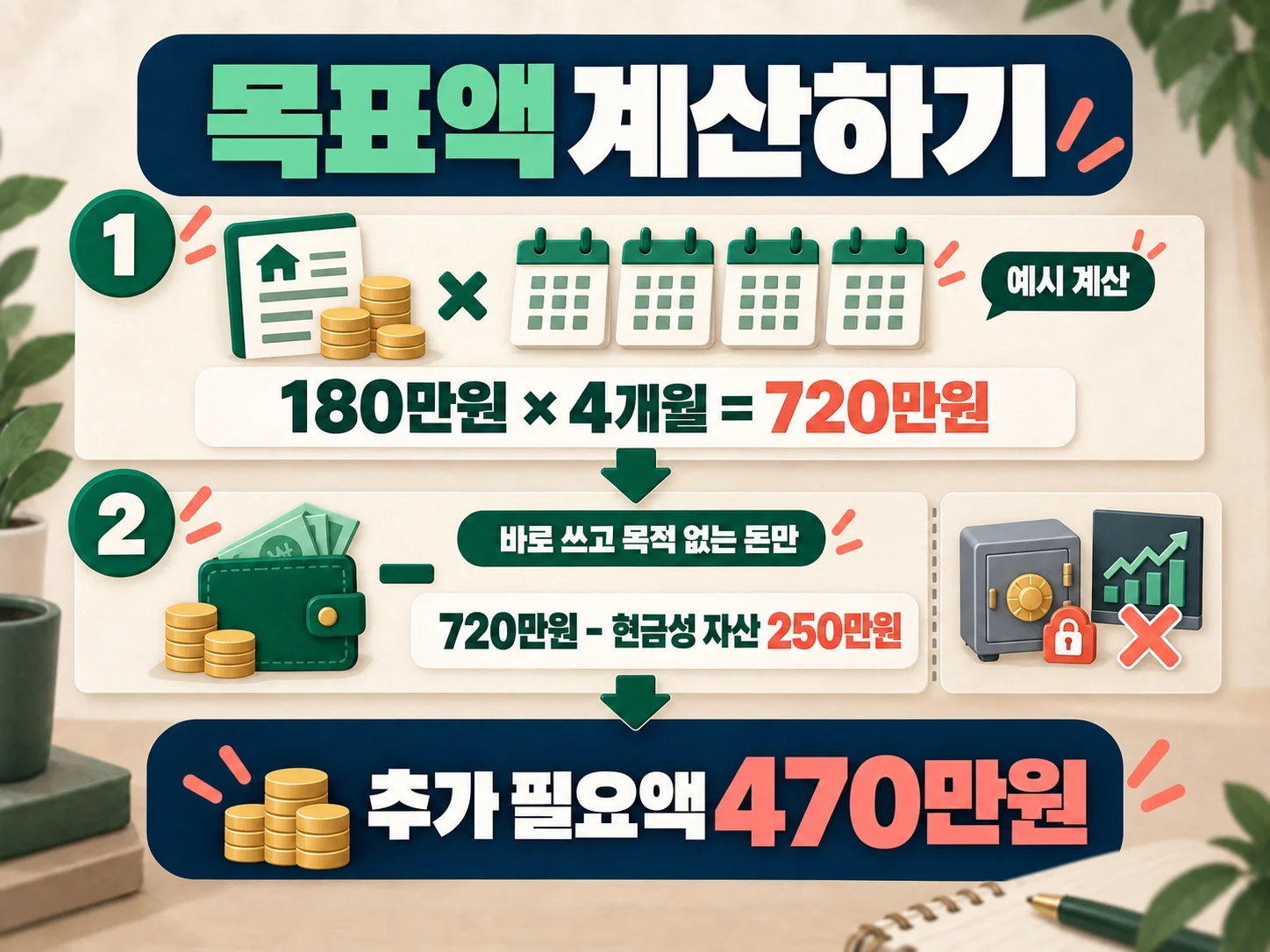 현금성 자산을 반영해 비상금 목표액과 추가 필요액을 계산한 예시