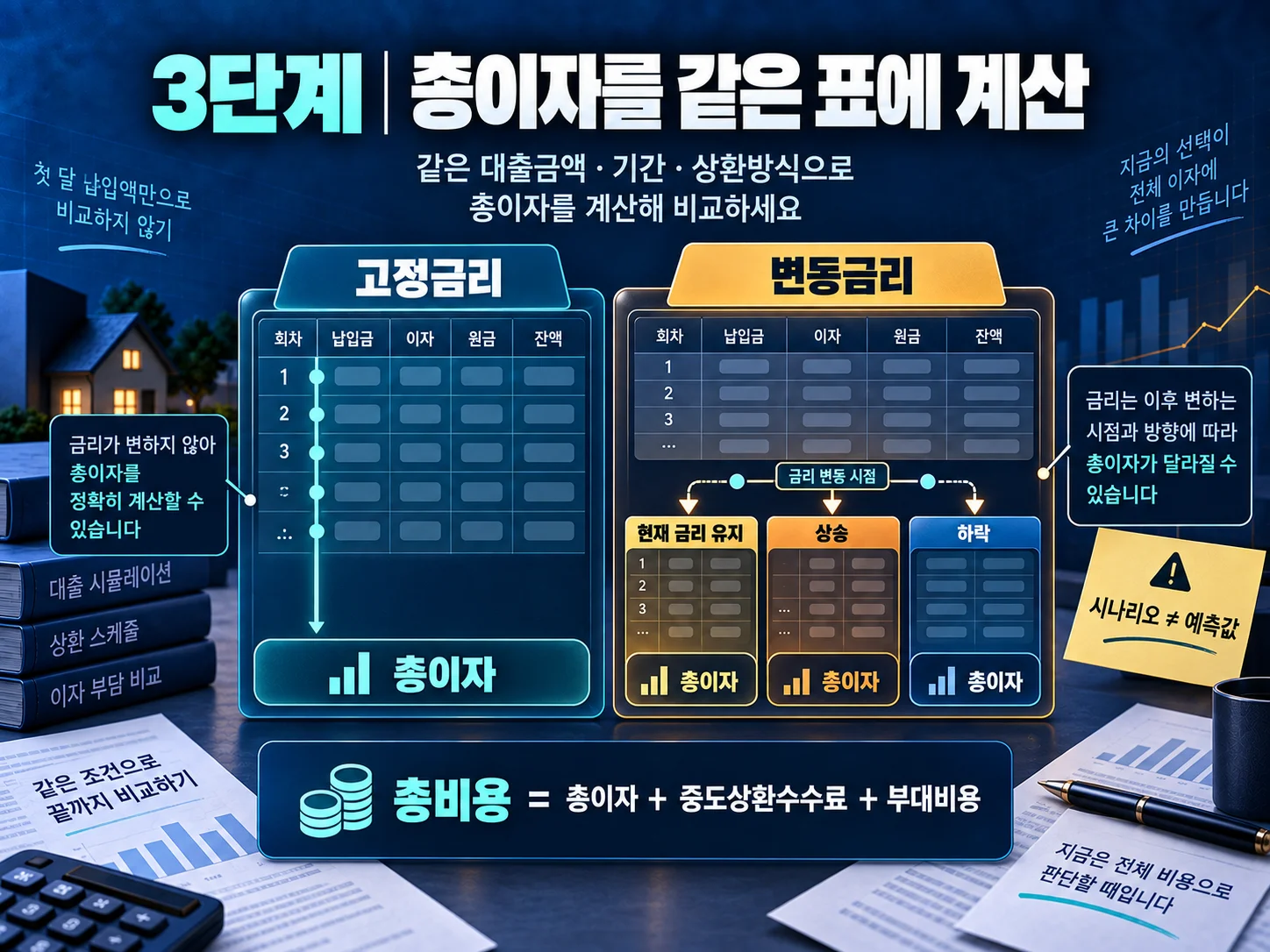 변동금리 시나리오별 총이자와 대출 비용을 계산하는 비교표