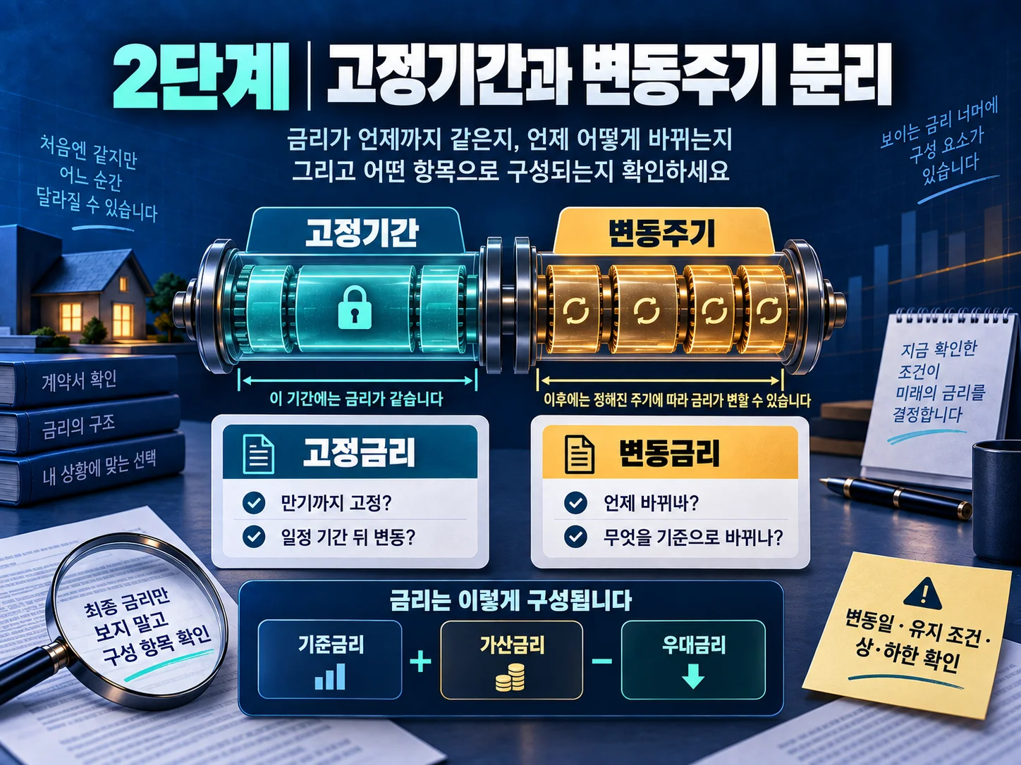 고정금리와 변동금리의 기준금리·가산금리·변동주기 확인 항목