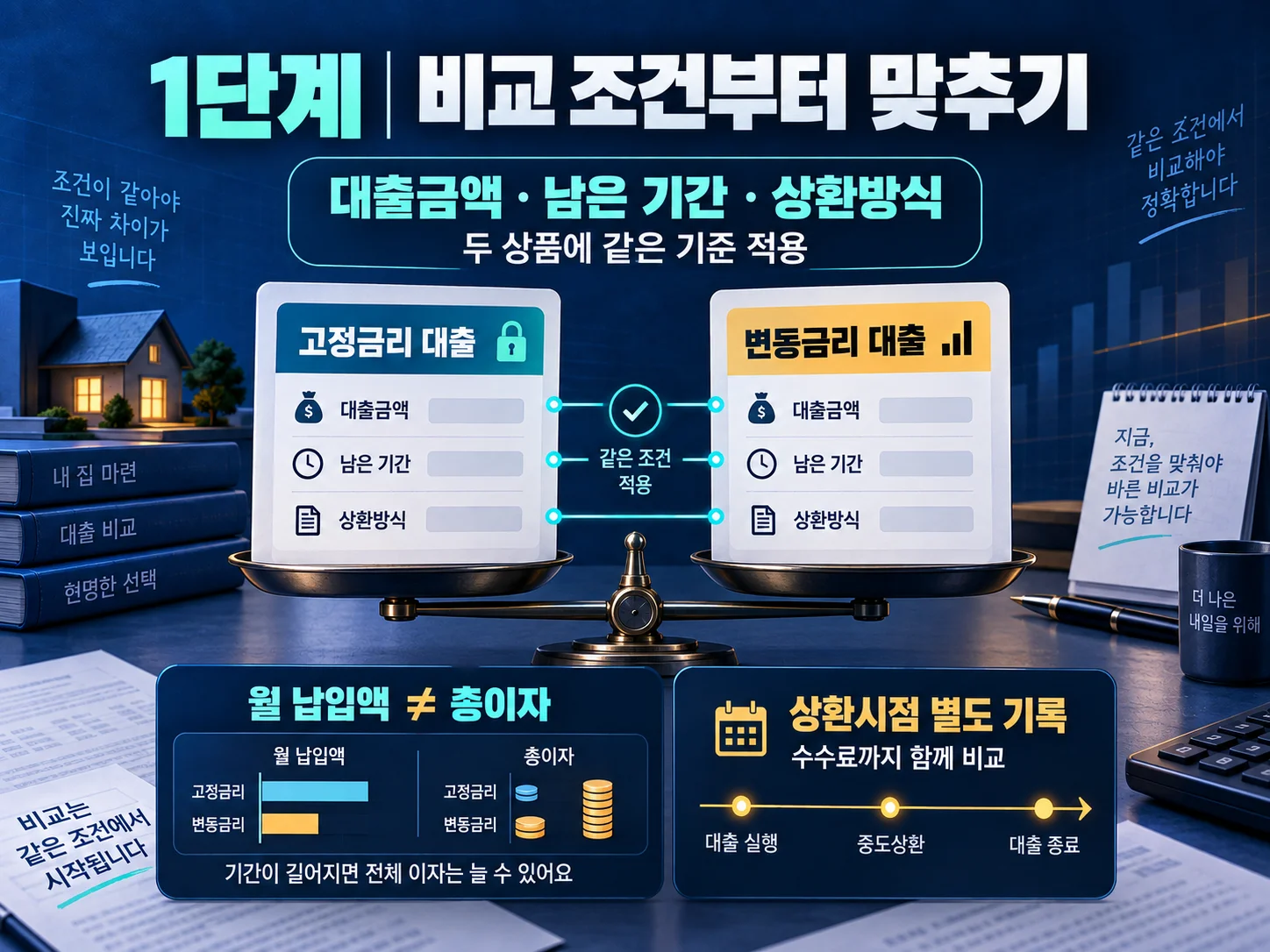 대출금액·남은 기간·상환방식을 같은 기준으로 맞춰 비교하는 표