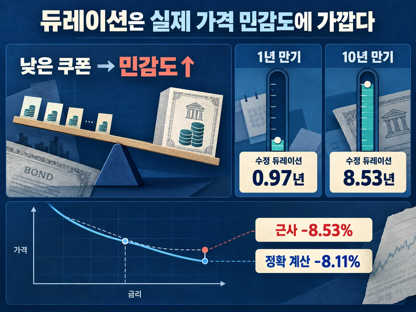• 쿠폰금리와 수정 듀레이션에 따른 채권 금리 민감도 비교