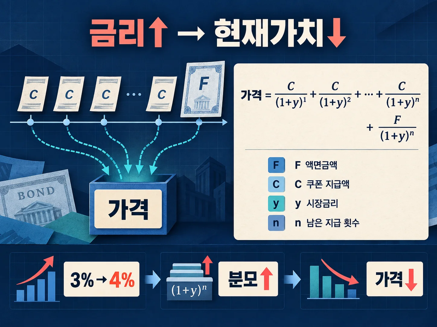 • 현재가치 계산식으로 보는 시장금리와 고정 쿠폰 채권 가격의 관계