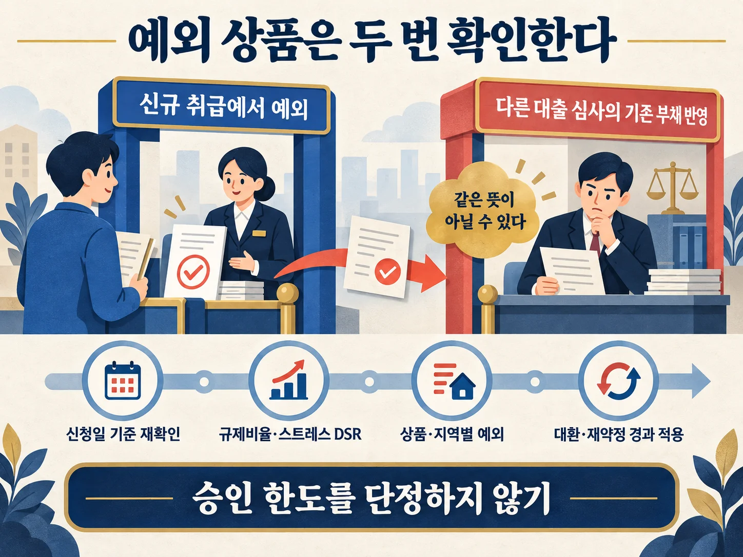 DSR 예외 상품과 스트레스 금리 적용 여부를 점검하는 이미지