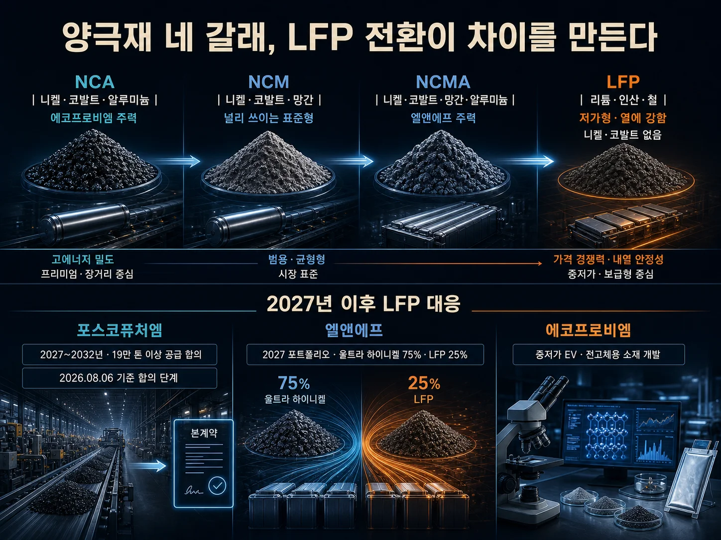 NCA·NCM·NCMA·LFP 양극재 화학 조성별 특징 구분