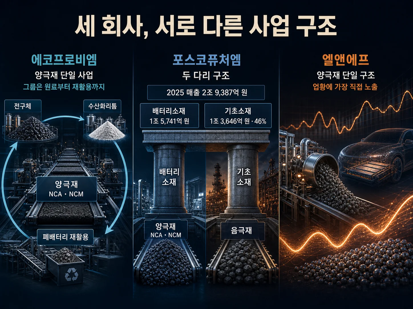 양극재 3사 에코프로비엠·포스코퓨처엠·엘앤에프 사업 부문 구성 차이