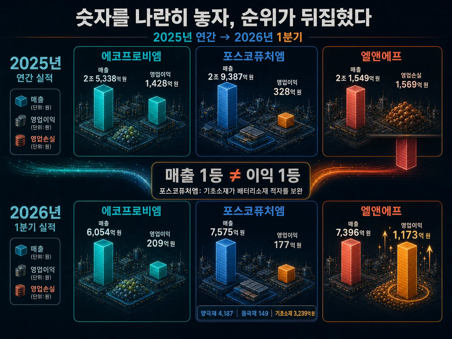 양극재 3사 2025년과 2026년 1분기 매출·영업이익 비교