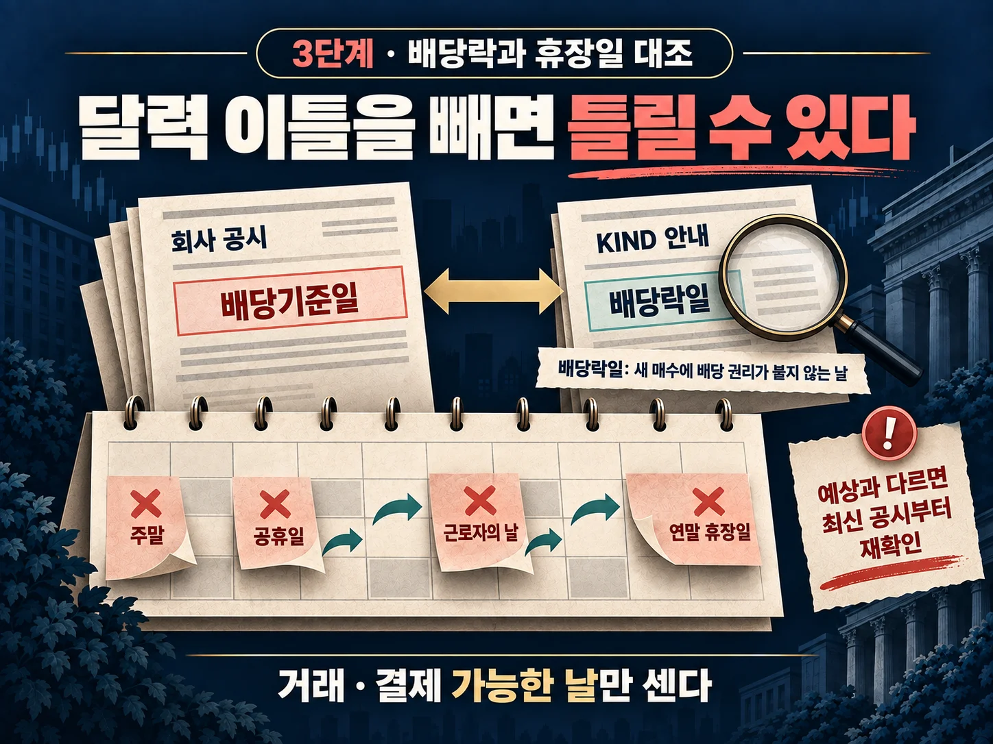 배당락일과 휴장일을 함께 대조하는 국내 주식 배당 일정