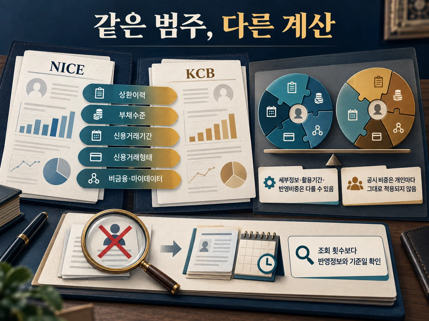 • NICE와 KCB 신용평가 요소 및 신용조회 미반영 비교