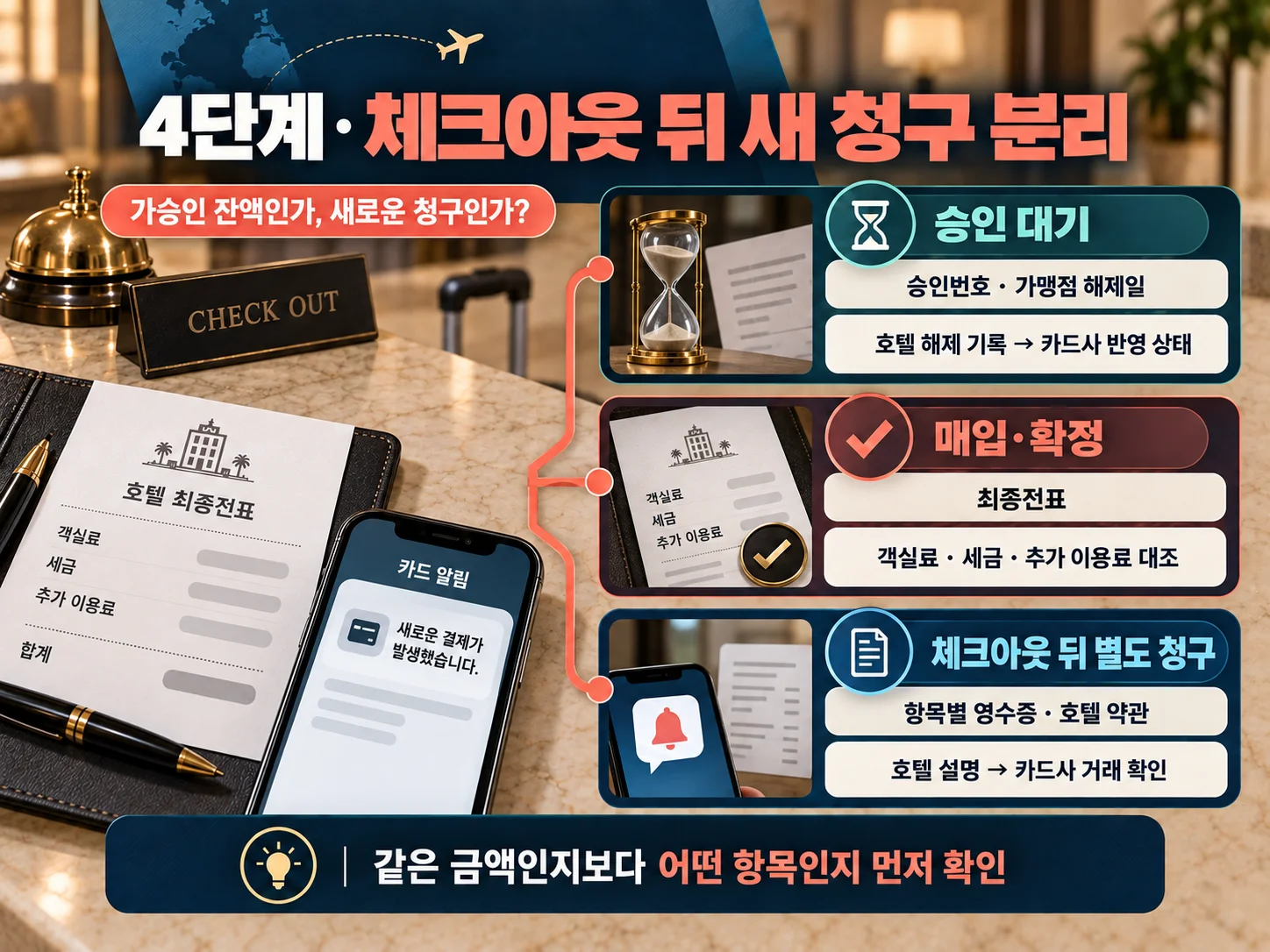 체크아웃 뒤 별도 청구와 가승인 잔액을 구분하는 확인표