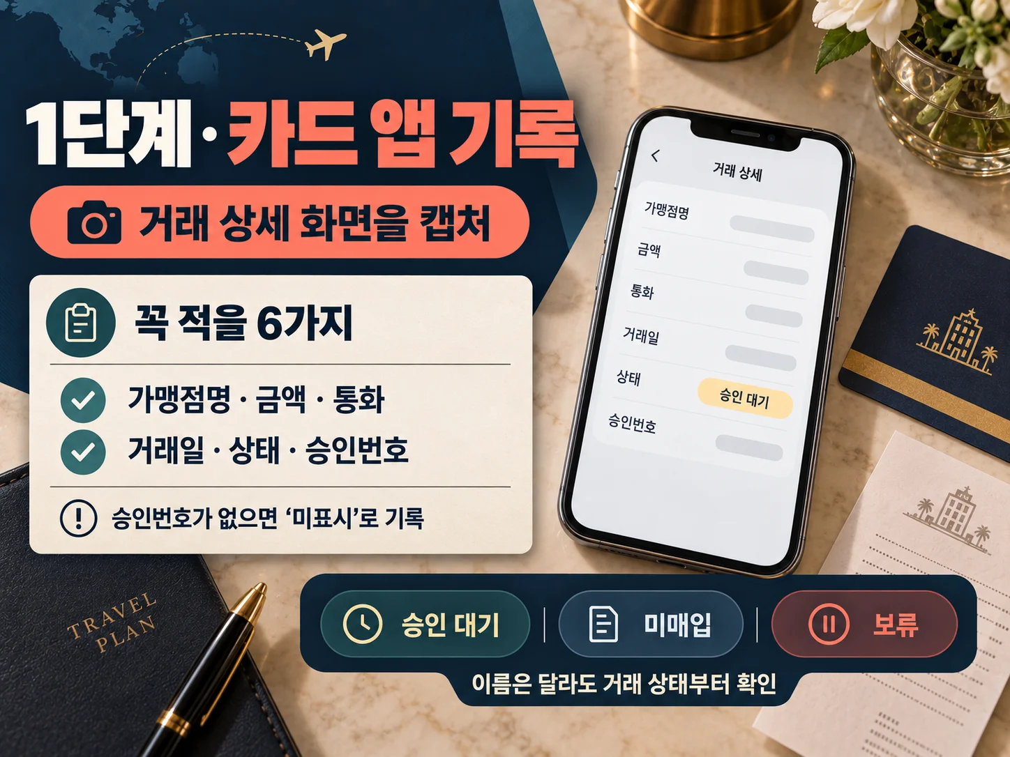 호텔 가승인 확인을 위한 카드 앱 거래 상세 기록