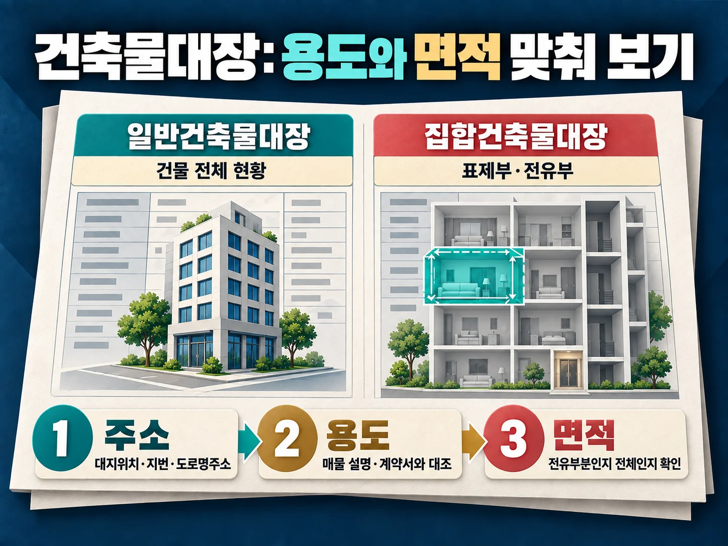 건축물대장에서 건축물 용도와 면적을 대조하는 확인 항목